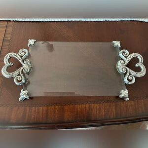 VINTAGE BRIGHTON MARIE ANTOINETTE SILVER HEART BEVELED GLASS VANITY TRAY VGUC